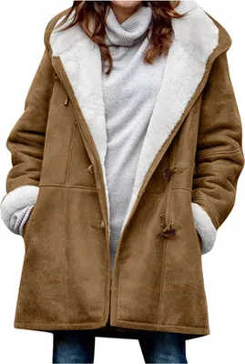 Produktbild von ASKSA Damen Fleecejacke Wintermantel Warm Fleece Hornknopfjacke Herbst Winter Kapuzenpullover Jacke Mantel, Braun, S