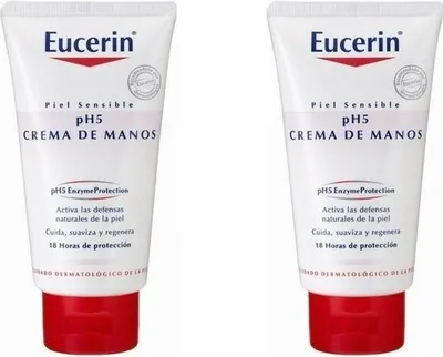 Two tubes of Eucerin hand cream are shown side-by-side against a white background.