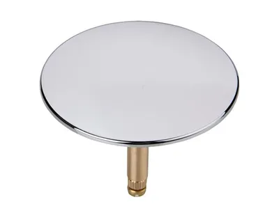 A chrome-plated drain stopper with a gold-colored stem, isolated on a white background.
