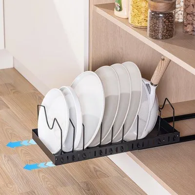 Produktbild von Unyqoos® ausziehbarer Küchenorganizer für Pfannen und Deckel mit verstellbaren Fächern