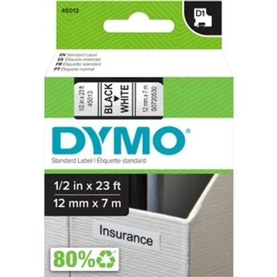 Produktbild von DYMO Original D1-Etikettenband | schwarz auf weiß | 12 mm x 7 m | selbstklebendes Schriftband| für LabelManager-Beschriftungsgerät, Schwarz auf weiss, Polyester, Belgien, -18 - 90 °C, DYMO, LabelManager, LabelWriter 450 DUO