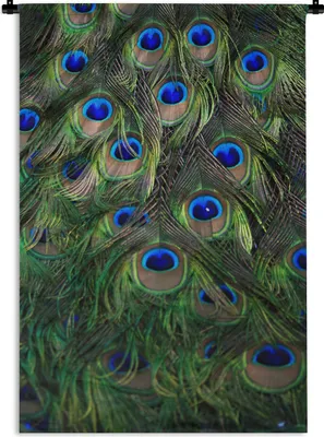 Produktbild von MuchoWow® Wandteppich Wandbehang Pfau - Federn - Augen - Blau 90x135 cm Tapisserie Dekoration Wandtuch - Baumwolle - Wandskulptur