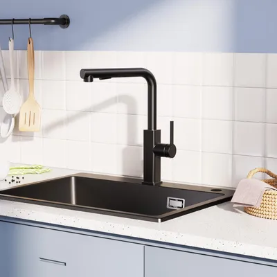 Produktbild von Küchenarmatur Edelstahl 304 Schwarz L-Form 40cm Ausziehschlauch 360° drehbar 2 Wasserarten DGWV- (CECIPA)