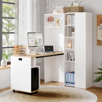 Produktbild von STILVORA 2-in-1 Klapptisch mit Bücherregal und Schreibtisch-Fuktion,Eck-Schreibtisch mit Ablagen und Steckdose&USB-Anschluss,mit Kippschutz,Weiß