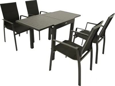 Produktbild von TPFGarden GARTEN-GARNITUR Sunderland - 5-teilige Garten-Essgruppe (4x Klappsessel mit Aluminiumgestell grau, Bespannung Textilene schwarz mit Posterung, 1x Balkon-Ausziehtisch 70/140x70cm, Aluminium dunkelgrau)