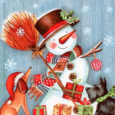 Produktbild von Servietten Papier 33x33cm Schneemann und Hunde Motiv 20 Stück Bunt