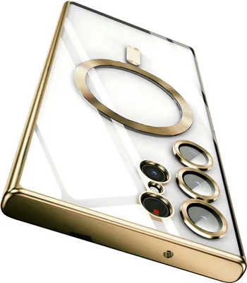 A clear, studio shot of a phone case with a gold trim and a clear back, showing the camera lens area and a magnetic ring.