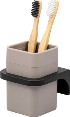 Produktbild von bremermann Zahnputzbecher SAVONA mit Soft-Touch inkl. Wandhalterung, eckiger Becherhalter aus taupefarbenem Kunststoff