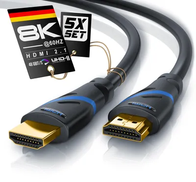 Produktbild von Primewire HDMI-Kabel 2.0 Set 3 m, 4K Ultra HD bei 60 Hz, mit Ethernet, ARC und 3D, mehrfach geschirmt, vergoldete Kontakte, Monitorkabel, 5 Stück, schwarz-blau