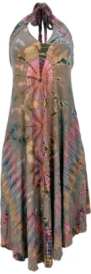Produktbild von Rückenfreies Unikat Batik Midikleid, Neckholder Boho Pixi Kleid - Taupe/orange, Damen, Mehrfarbig, Viskose,Elasthan, Kleider
