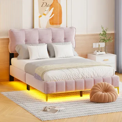 Produktbild von ProximaX Polsterbett 140 x 200 cm, Jugendbett, Doppelbett mit LED-Leuchten mit Rückenlehne mit Lattenrost Samtstoff hohe Metallfüße Rosa