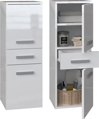 Immagine prodotto di Mobile da bagno NEL V DDS con cassetto e 2 ante – Soluzione compatta | Bianco opaco e lucido | 30x30x85 cm