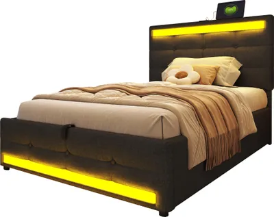 Produktbild von Polsterbett 90*200 Hydraulisches Stauraum-Kinderbett mit USB und farbwechselndem LED-Lichtstreifen, Grau Leinen-Einzelbett