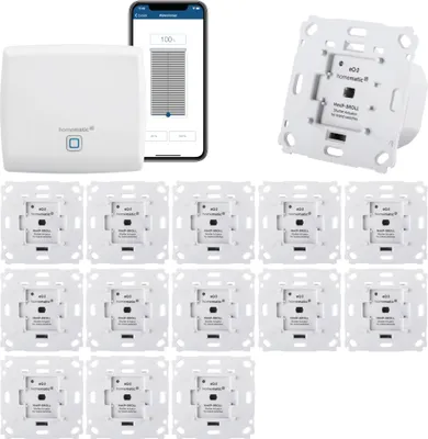 Produktbild von Homematic IP Rolladensteuerung für 14 Rolladen. Smart Home Set mit App zur Automatisierung der Rolläden. Ideal zur Nachrüstung. Alexa kompatibel. Inhalt: Access Point, 14 Funk Rolladenaktoren, Adapter.