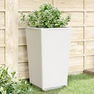 Produktbild von 2 Pflanzkübel aus Polypropylen in Rattan-Optik, Pflanzkästen für Balkon und Garten, Weiß, 32,5x32,5x57 cm