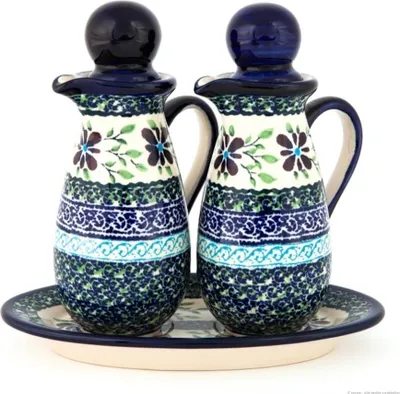 Produktbild von Original Bunzlauer Keramik Essig-& Ölspender Set 2x150ml Design DU121 Essigflasche + Ölflasche + Auflage