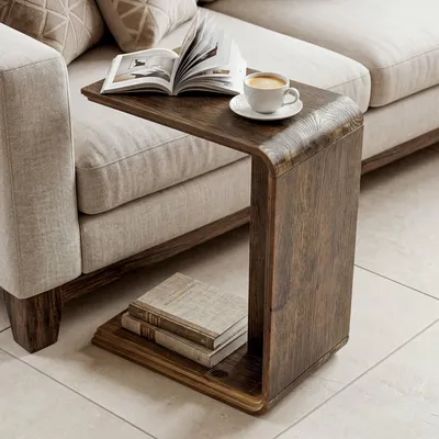 Immagine prodotto di Tribesigns, tavolino laterale in legno massello a forma di "C", stretto, ideale come tavolino per divano, per soggiorno e camera da letto, salvaspazio, colore marrone scuro