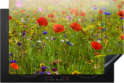 Produktbild von KitchenYeah© Herdabdeckplatte Frühling - Blumen - Rot - Mohn - Gras - Grün , 81x52cm, Küche Deko, Glaskeramikkochfeld Herdabdeckung, Abdeckplatte fùr Kochfeld