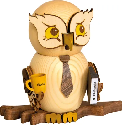 Produktbild von Drechslerei Kuhnert - Räucherfigur Eule als Chef - Größe ca. 15cm, für Räucherkerzen Größe M (Standard) - 37237