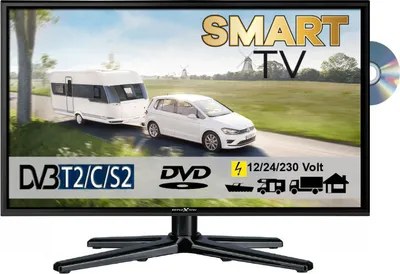 A smart TV displaying a scene of a car towing a caravan, with various icons and text indicating features.