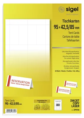Image de Sigel DP046 - Tischkarten - High White - 95 x 42 mm - 185 g/m2 - 80 Stck. (20 Bogen x 4) (DP046)