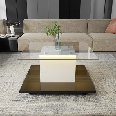 Produktbild von Quadratischer Couchtisch, glänzende Glasplatte, LED-Beleuchtung, drehbare Rollen, Weiß+Schwarz