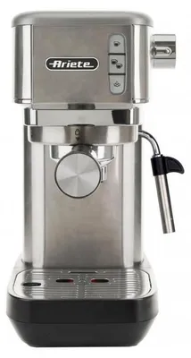A front view of a stainless steel espresso machine with black accents.