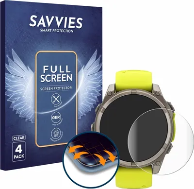 Produktbild von 4x Savvies Fullscreen Schutzfolie für Garmin Fenix 8 Solar (47 mm) Displayschutz Folie Fullcover Klar Transparent