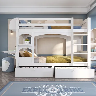 Produktbild von MODFU Etagenbett 90x200 Kinderbett Doppelbett mit klappbarem Schreibtisch, Regal, Leiter und 2 Schubladen, Bettgestell ohne Matratze, Weiß