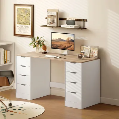 Produktbild von SUGIFT Schreibtisch 140 cm, Computertisch mit 8 Schubladen, Bürotisch Homeoffice, Spanplatte MDF, Weiß | 140 x 53 x 75 cm | 8 Schubladen | Stahl-Rahmen