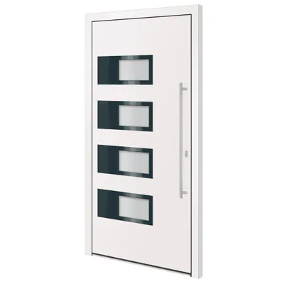 A white front door with four rectangular windows and a silver handle, isolated on a white background.