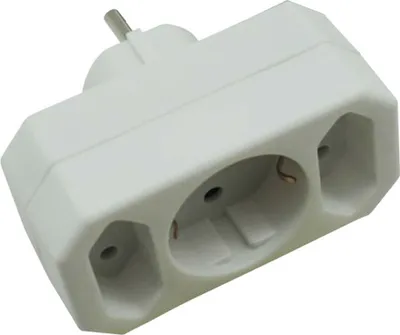 A white electrical adapter with three sockets and one plug.