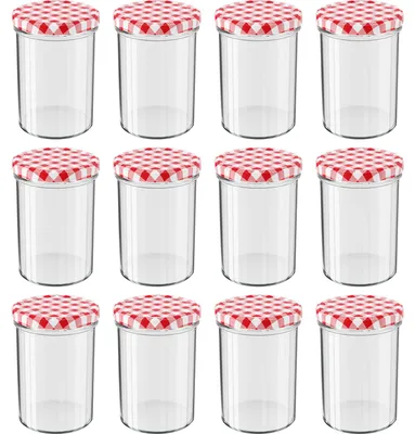 Produktbild von WELLGRO Einmachgläser rot kariert 435ml mit Schraubdeckel - 435 ml, 8,5 x 12 cm (ØxH), Glas / Metall, rot karierte Deckel To 82, Gläser  Germany, verschiedene Mengen wählbar