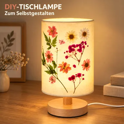 Produktbild von DIY Nachtlicht mit Trockenblumen, Blanko Stoffschirm, 3 Helligkeitsstufen, 5W Tischlampe, USB,  Holz lampe für Schlafzimmer, Wohnzimmer & Kinderzimmer