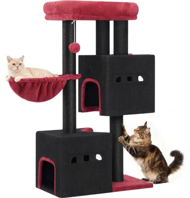 Image de Arbre à chat - 98 cm - 3 niveaux - niche et plate-forme de repos - panier - poteaux en sisal avec balles - noir et rouge