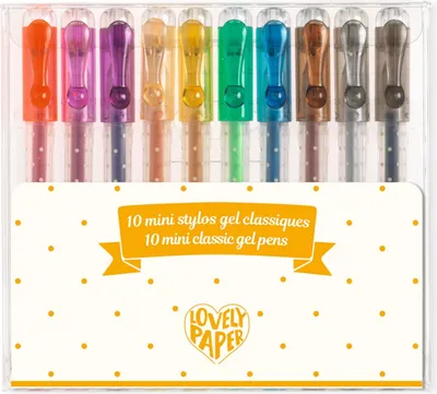 Produktbild von Djeco Mini Gelstifte 10er Set, bunte Farben, feine Spitze, transparentes Etui, ab 6 Jahren