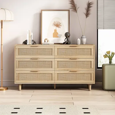 Immagine prodotto di Cassettiera AIORBER, rattan, 6 cassetti, stile rustico antico, molto spazio, credenza, adatta per camera da letto, soggiorno, 130x40x75cm, colore naturale