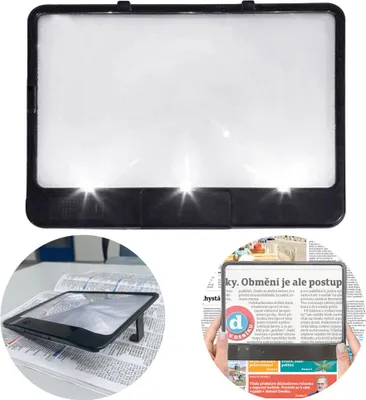 A collage showing a large LED magnifying glass and two smaller images of it in use.