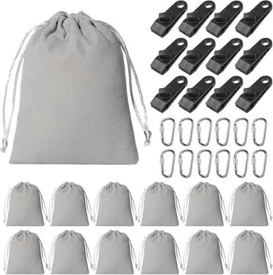 Produktbild von Tragbares Gewichtssack-Set, 20 x 25 cm - 12 Karabinerhaken und Clips - einfach zu befüllen, ideal für Zelte und Camping