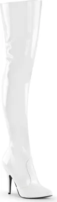A single white thigh-high boot with a stiletto heel, presented against a plain white background.