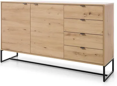Produktbild von Easy4You Kommode A1 Eiche 153x83x39 cm (B x H x T) mit 4 Schubladen und 2 Türen Sideboard Ideal für Wohnzimmer, Schlafzimmer Moderne Elegante Schubladenschrank mit Metallbeinen