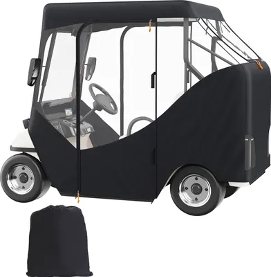 Zdjęcie produktu dla Obudowa wózka golfowego SucceBuy, osłona z poliestru 600D z 4 przezroczystymi oknami, uniwersalne dopasowanie do 2-osobowych wózków klubowych, odporna na słońce i kurz ochrona zewnętrzna dla większości marek