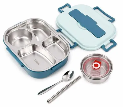 Image de VHV - Boîte à lunch avec 4 compartiments - Boîte à bento en acier inoxydable avec bol à soupe, cuillère et baguettes - Idéale pour le travail et l'école - Bleue