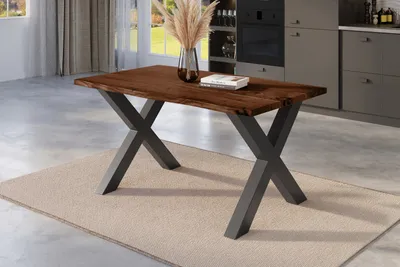 Produktbild von Esstisch Baumkante massiv Akazie nussbaum 140 x 80 schwarz X-Gestell NICK