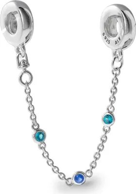 A silver safety chain with blue and teal gemstones, designed to be attached to a bracelet.