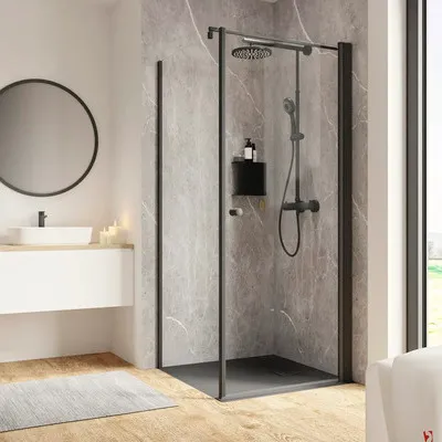 Produktbild von Duschtür mit Seitenwand mit Drehtür SCHULTE Garant 2.0 ExpressPlus 90 x 90 x 200 cm Profil schwarz Klarglas schmutzabwei