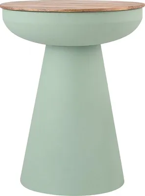 A product shot of a green side table with a wooden top.