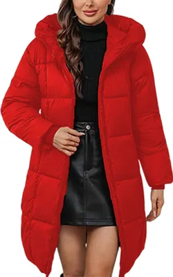 ASKSA Damen Wintermantel mit Kapuze Rot M