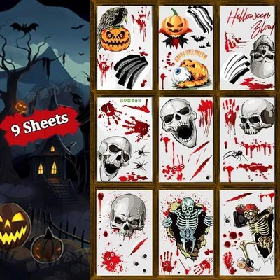 Obrázek produktu pro Halloweenská výzdoba do interiéru, sada 9 halloweenských samolepek, kostrová halloweenská dekorace na oslavu Halloweenu
