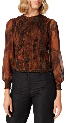 Immagine prodotto di Desigual Blus Hisopo Donna Camicetta marrone a nido d'ape stampato colletto arricciato